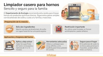 Infografía con pasos para hacer un limpiador casero de hornos con bicarbonato de sodio. Muestra un horno, ingredientes, herramientas y personas.