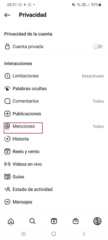 Limitar menciones, otro ajuste dentro