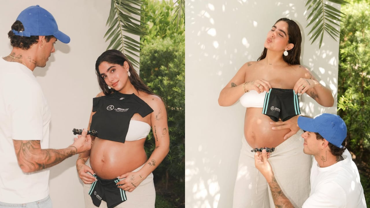 Hugo García e Isabella Ladera comparten la emocionante noticia de que esperan un niño, posando con ropa de bebé de Mercedes-AMG Petronas F1 Team y un coche de juguete. (Instagram Isabella Ladera / Hugo García)