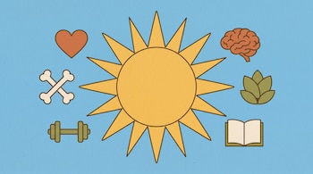 Ilustración plana de un sol amarillo en el centro. A su alrededor, iconos de salud física (corazón, huesos, pesa) y mental (cerebro, flor, libro) sobre fondo azul.