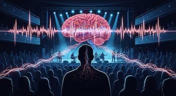 Ilustración de un concierto en vivo con siluetas del público y músicos en el escenario, y un cerebro gigante flotando sobre ellos con ondas de energía luminosas.