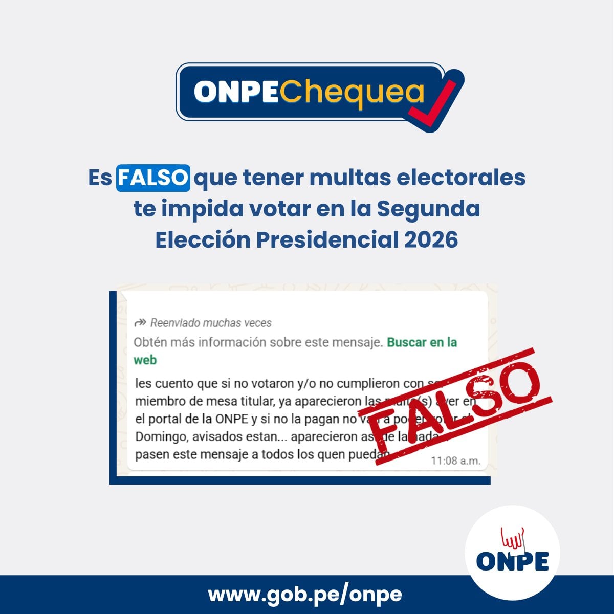 La ONPE desmiente una cadena de desinformación que afirmaba que tener multas electorales pendientes impedía a los ciudadanos votar en la Segunda Elección Presidencial de 2026. (Foto: ONPE)