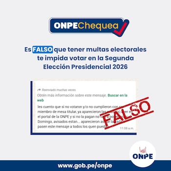 Gráfico de ONPE con mensaje "Es FALSO que tener multas electorales te impida votar" y captura de WhatsApp con texto "FALSO" en rojo. Se ve logo ONPE y su web