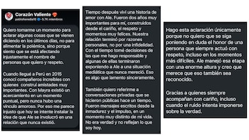 Tres capturas de pantalla de mensajes de texto, publicadas en redes sociales por Pablo Heredia, con texto blanco sobre un fondo oscuro