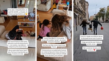 Una composición de tres fotografías: un hombre y una niña en un sofá, una mujer y una niña en un sofá, y un hombre, una mujer y un niño en una calle