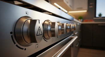 Panel frontal de una cocina a gas de acero inoxidable con perillas metálicas, una de ellas con un símbolo triangular de advertencia. Se observa una cocina moderna al fondo.