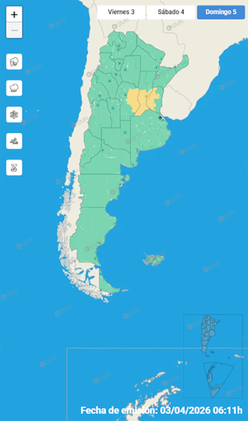 Mapa meteorológico de Argentina con regiones en verde y amarillo indicando alertas. Incluye íconos de clima y la fecha de emisión 03/04/2026
