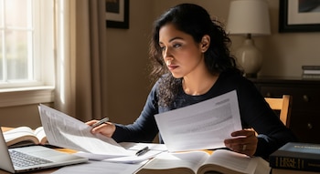 Primer plano de una mujer latina con cabello oscuro y expresión seria, sentada en un escritorio en casa, revisando documentos y libros con un portátil.