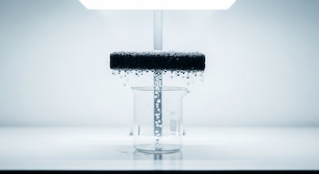 Un dispositivo experimental negro con una superficie porosa gotea agua en un vaso de precipitados de vidrio transparente sobre una superficie blanca bajo luz brillante.