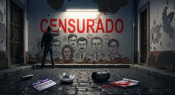 Hombre encapuchado pinta 'CENSURADO' sobre retratos de periodistas en un muro. En el suelo, un carné de prensa, lentes rotos, cámara y cuaderno con sangre.