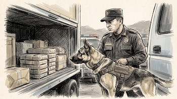 Ilustración de un agente policial y un perro con arnés que revisan paquetes apilados dentro del compartimento de carga abierto de un vehículo.