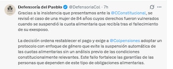 La Defensoría va a vigilar la creación del protocolo por parte de Colpensiones - crédito @DefensoríaCol/X