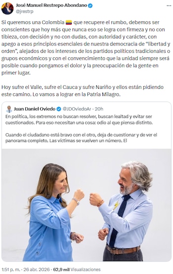 José Manuel Restrepo llamó a la firmeza y unidad para recuperar el rumbo de Colombia - crédito @jrestrp/X