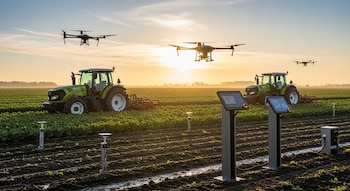 Dos tractores verdes en un campo cultivado con tres drones volando, varios sensores y paneles de control digitales bajo el sol del amanecer.