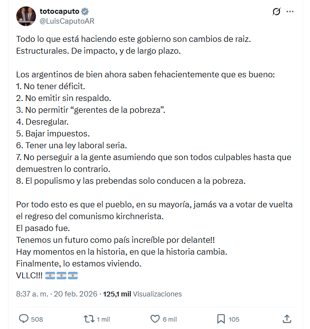 El ministro de Economía, Luis Caputo, compartió en Twitter sus reflexiones sobre los cambios estructurales del gobierno y celebró la sanción de la Reforma Laboral por la Cámara de Diputados, destacando un futuro diferente para Argentina. (@LuisCaputoAr)