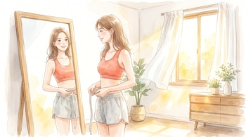 Ilustración en acuarela de una mujer joven midiendo su cintura con una cinta métrica frente a un espejo en un dormitorio soleado. Viste top coral y shorts claros.