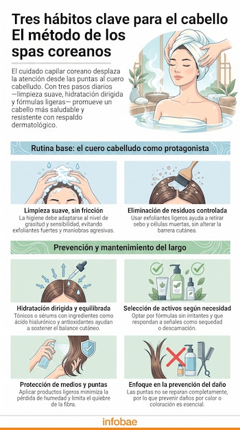 Infografía con seis ilustraciones de hábitos para el cuidado capilar. Muestra mujer en spa, lavado de cabello, aplicación de producto, envases, spray y pelo dañado.