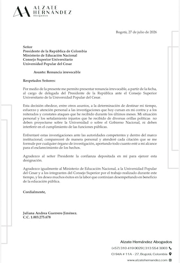 Juliana Guerrero presentó su renuncia irrevocable al cargo de delegada presidencial ante el Consejo Superior Universitario de la Universidad Popular del Cesar - crédito @ElJuliSastoque/X