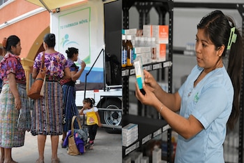 Dos fotos adjuntas que representan a mujeres ante un vehículo de farmacia móvil y a una especialista de la salud revisando cajas de fármacos.