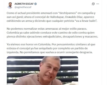 Agmeth Escaf recuerda la violencia política tras polémico video de concejal de Valledupar - crédito @agmethescaf/X