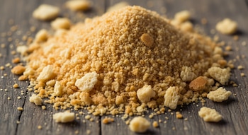 Primer plano de un montón de pan rallado de color dorado claro, esparcido sobre una superficie de madera oscura. Algunas migas más grandes son visibles.