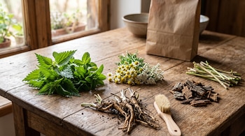 Hojas verdes, flores de manzanilla, tallos, corteza de árbol, raíces con tierra, un cepillo y una bolsa de papel sobre una mesa de madera.
