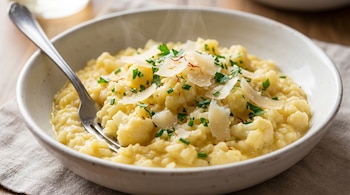 Primer plano de un risotto de coliflor cremoso y humeante en un cuenco blanco, con trozos de coliflor, parmesano rallado, cebollino y azafrán, con un tenedor.