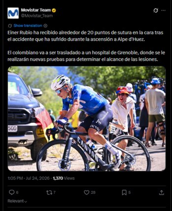 El cuadro "Telefónico" confirmó que Einer Rubio tuvo que ser trasladado al hospital-crédito @Movistar_Team/X