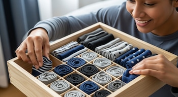 Una persona sonriente, vestida de gris, organiza calcetines enrollados de varios colores y patrones en un cajón de madera con divisores, mostrando sus manos.