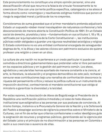 La organización sostuvo que vincular la ausencia de fe con una ideología política equivale a reproducir prejuicios contra los no creyentes - crédito @AATEOSBTA/X