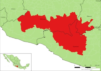 Tierra Caliente es una región del suroeste de México que comprende zonas de Guerrero, Michoacán y el Estado de México. Se caracteriza por su clima cálido, vegetación tropical en distintas áreas, valles y terrenos de cultivo. La ganadería y la agricultura son actividades económicas importantes, favorecidas en algunas zonas por la disponibilidad de tierras de pastoreo y fuentes de agua. (Crédito: wikipedia|commons)