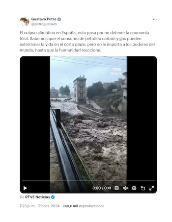 Trino del presidente Petro sobre la tragedia ocurrida en España por cuenta de un temporal. (Crédito: @petrogustavo / X)