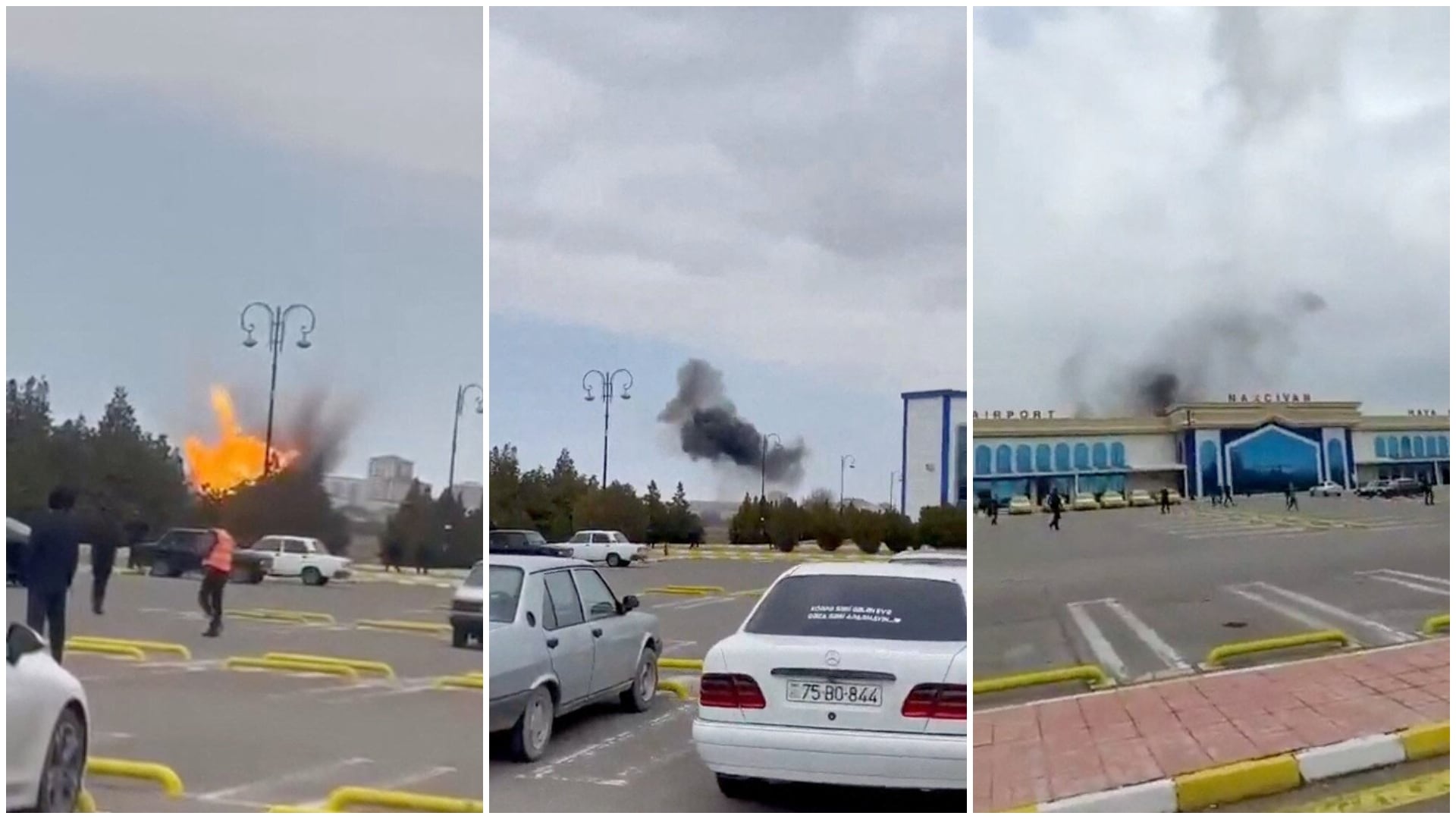 Imágenes captadas por testigos muestran la explosión y el humo tras el impacto de un dron iraní en el aeropuerto de Najicheván, Azerbaiyán, el 5 de marzo de 2026. Los ataques hirieron a dos civiles y dañaron la terminal. (Redes sociales/vía REUTERS)