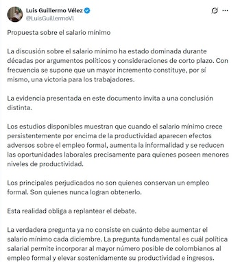 Luis Guillermo Vélez, economista y concejal de Medellín, remarcó que cuando el salario mínimo crece persistentemente por encima de la productividad aparecen efectos adversos sobre el empleo formal - crédito @LuisGuillermoVl/X
