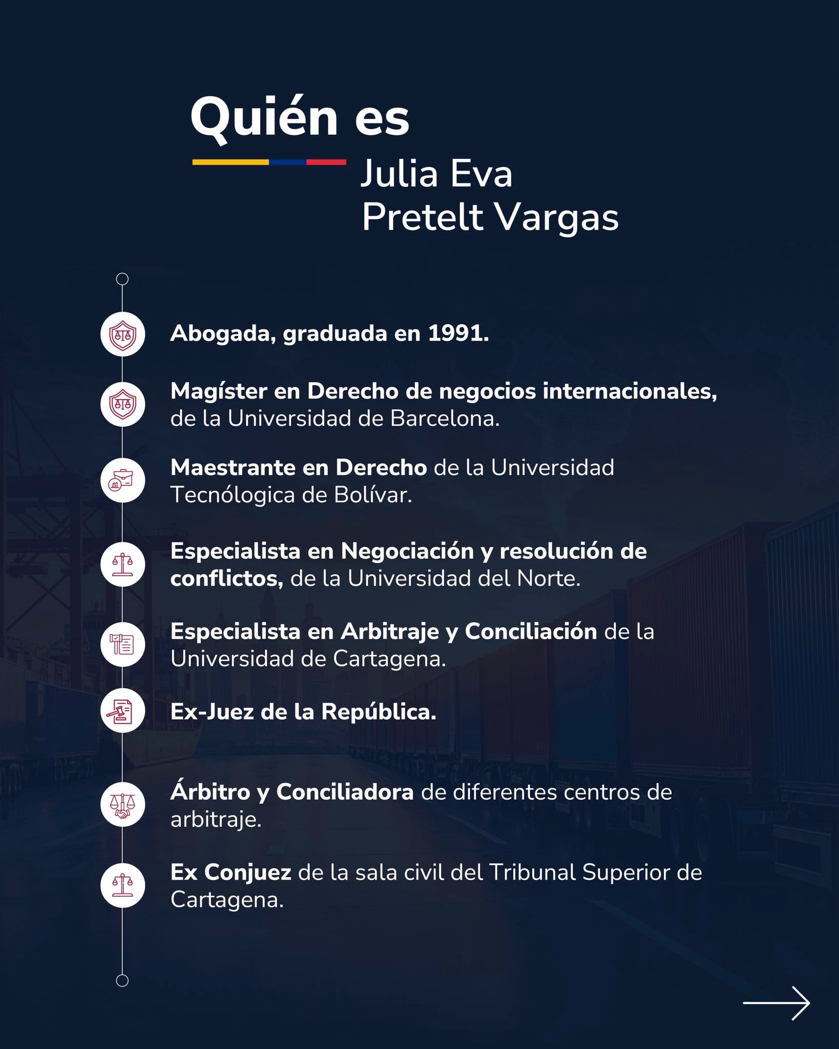 Julia Eva Pretelt cuenta con más de 35 años de experiencia en resolución de conflictos civiles, comerciales y contractuales, además de trayectoria en asuntos registrales y gobierno corporativo. - crédito @MincomercioCo/X