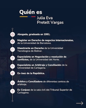 Julia Eva Pretelt cuenta con más de 35 años de experiencia en resolución de conflictos civiles, comerciales y contractuales, además de trayectoria en asuntos registrales y gobierno corporativo. - crédito @MincomercioCo/X
