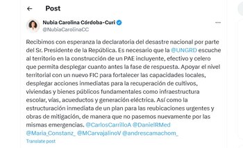 Nubia Córdoba , gobernadora de Chocó celebró la declaratoria del Gobierno nacional - crédito Nubia Córdoba , gobernadora de Chocó celebró la declaratoria del Gobierno nacional - crédito @NubiaCarolinaCC