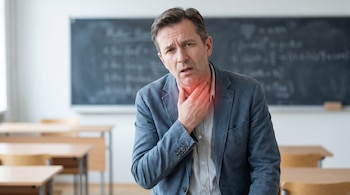 Maestro de mediana edad con expresión de dolor tocándose la garganta, la cual tiene un efecto rojizo. Se encuentra en un aula con pizarra y pupitres desenfocados.