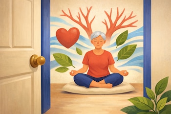 Ilustración de una puerta abierta; detrás, una persona mayor medita en un cojín, rodeada de un corazón rojo, ramas, hojas verdes y ondas azules.