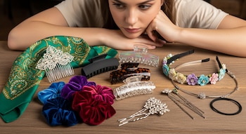 Una joven mira accesorios de cabello sobre una mesa de madera que incluye pasadores, peinetas, pinzas, coleteros, diademas, horquillas y gomas.