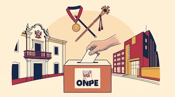 Una mano deposita una cédula en una urna con el logotipo de la ONPE, rodeada por dos edificios institucionales, una medalla y un varayoc.
