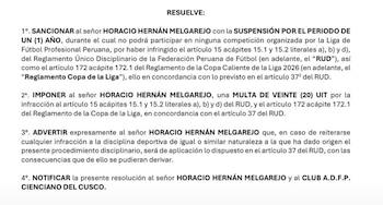Horacio Melgarejo quedó inhabilitado para dirigir a Cienciano durante un año.