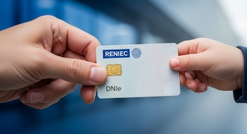 Primer plano de una mano adulta y una infantil sosteniendo un DNI electrónico con el logo de Reniec y chip dorado, sobre un fondo azul difuminado.