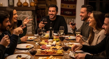Seis personas en una mesa de madera con vino, copas, platos, quesos, embutidos, galletas y frutas; fondo con pared de piedra y tapiz.