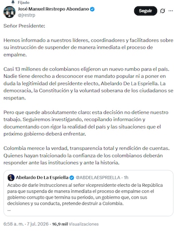 El vicepresidente electo afirmó que, a pesar de la decisión, seguirían trabajando por el país - crédito @jrestrp/X