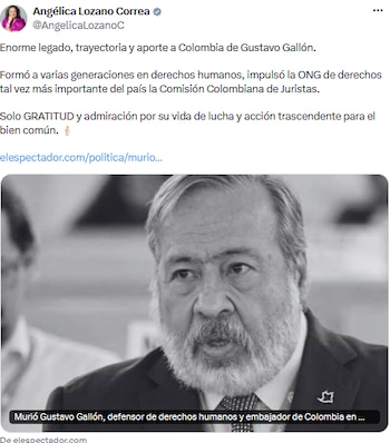 Angélica Lozano resaltó el legado y la formación de Gustavo Gallón en derechos humanos - crédito @AngelicaLozanoC/X
