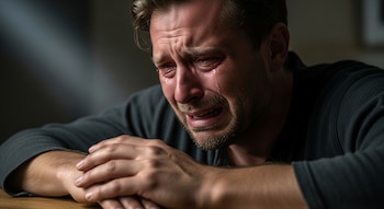 Primer plano de un hombre caucásico de mediana edad con barba, llorando intensamente con lágrimas cayendo por sus mejillas, apoyado en una mesa de madera oscura.