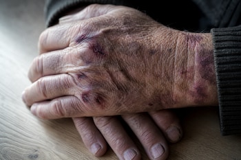 Primer plano de las manos cruzadas de una persona mayor con piel arrugada, manchas y hematomas sobre una superficie de madera.