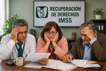 Tres personas sentadas a un escritorio analizan papeles frente a una pantalla con la frase Recuperación de Derechos IMSS.