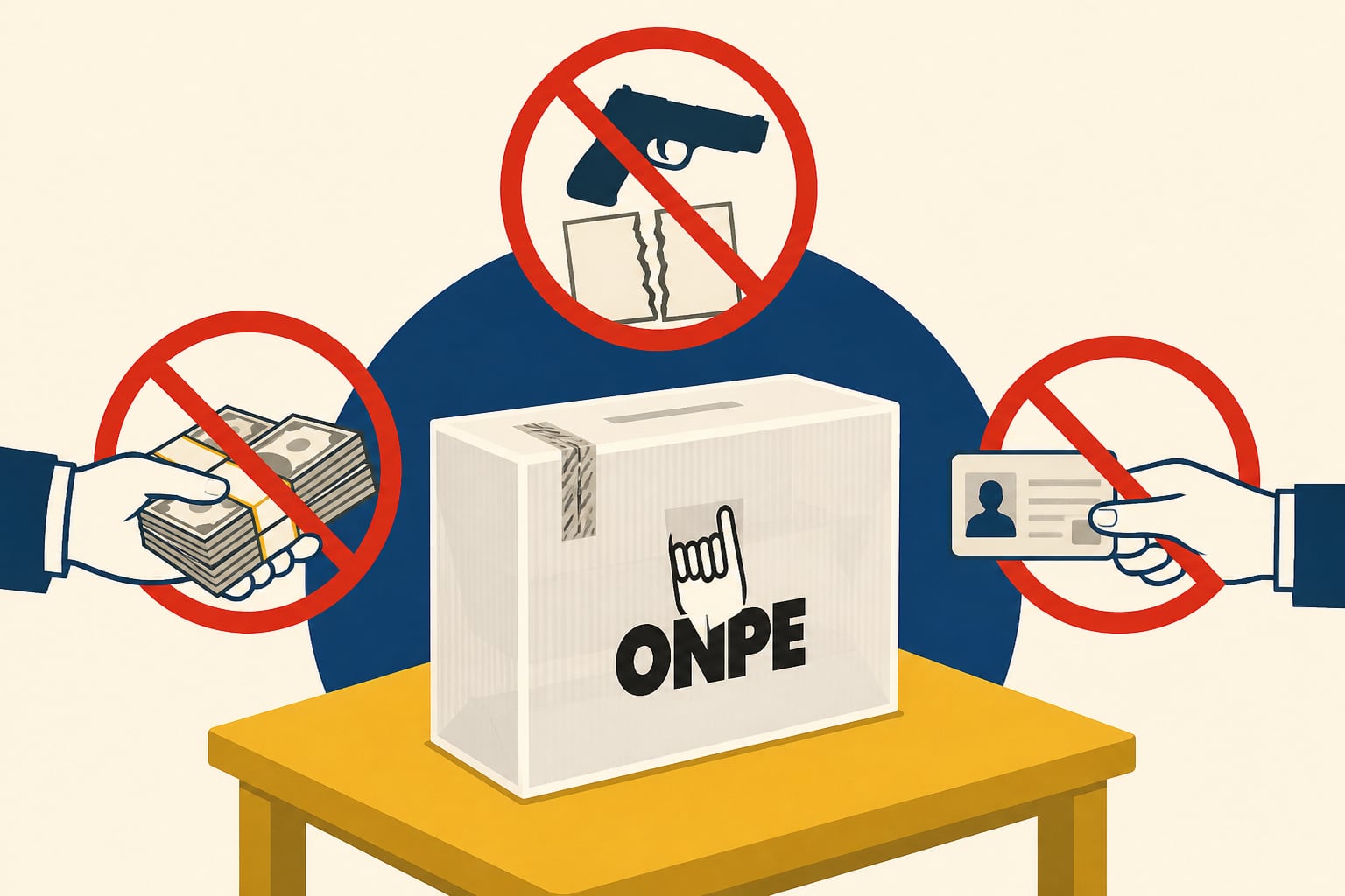 Una ilustración señala la prohibición de la compra de votos, la retención de documentos y la violencia durante elecciones de la ONPE en Perú. (Imagen Ilustrativa Infobae)